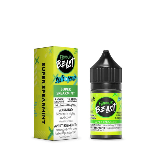 Flavour Beast Super Spearmint Salts Iced e-liquid bottle and packaging box in bright