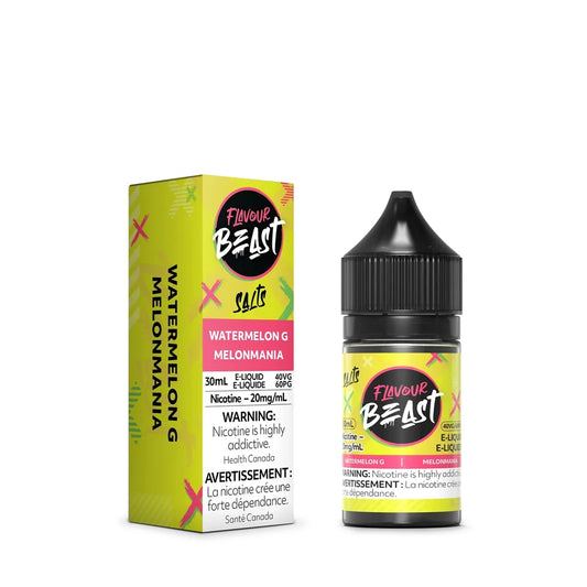 Flavour Beast Watermelon G Melonmania Salts e-liquid bottle and matching yellow and pink packaging box,