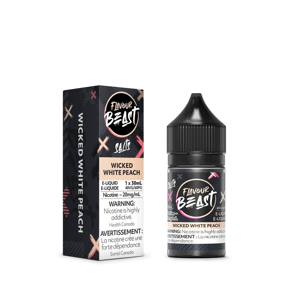 A 30ml bottle of Flavour Beast Wicked White Peach e-liquid stands