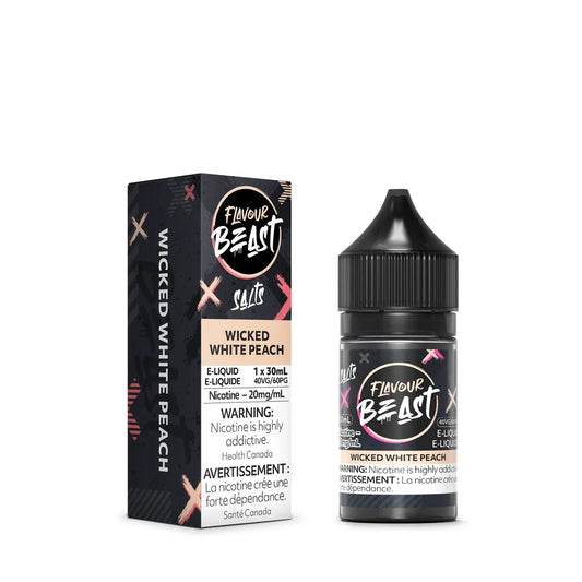 A 30ml bottle of Flavour Beast Wicked White Peach e-liquid stands