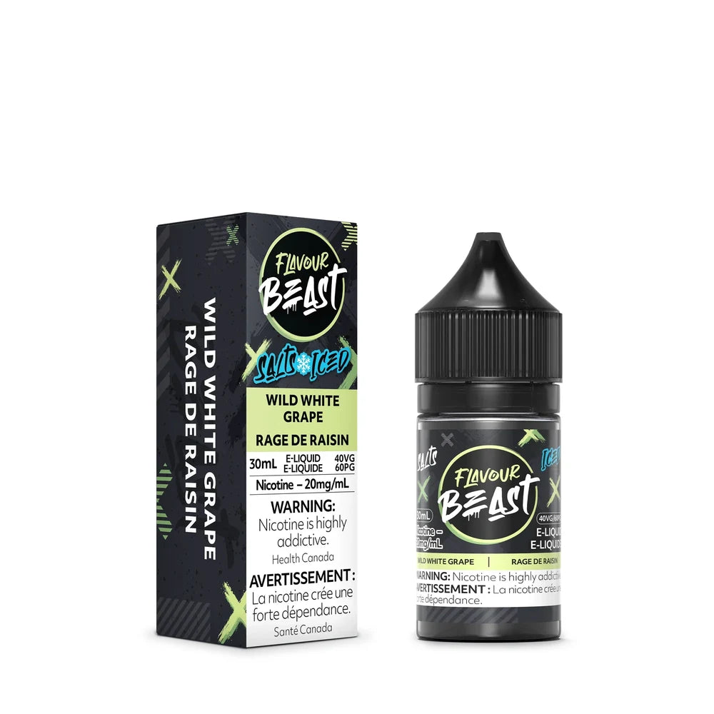 A 30ml bottle and matching packaging box of Flavour Beast Wild White Grape Iced
