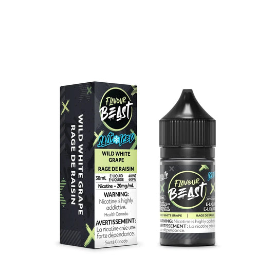 A 30ml bottle and matching packaging box of Flavour Beast Wild White Grape Iced