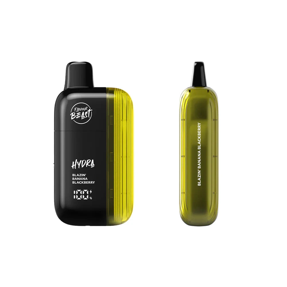 Two views of a Flavour Beast Hydra disposable vape in Blazin Banana Blackberry, featuring a black body with a yellow translucent side panel, a digital battery display, and a black mouthpiece against a white background.