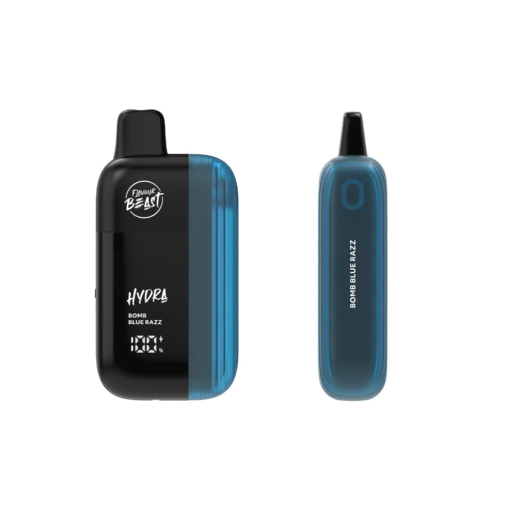A Flavour Beast Hydra disposable vape in Bomb Blue Razz flavor shown from the front and side, featuring a black and translucent blue design with a digital display and the brand name printed on the casing.