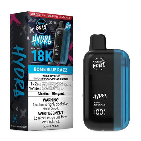 Flavour Beast Hydra Bomb Blue Razz disposable vape kit featuring a black and blue device with a digital display next to its matching retail box, which displays the product name, 18K puff count, and nicotine warning labels.