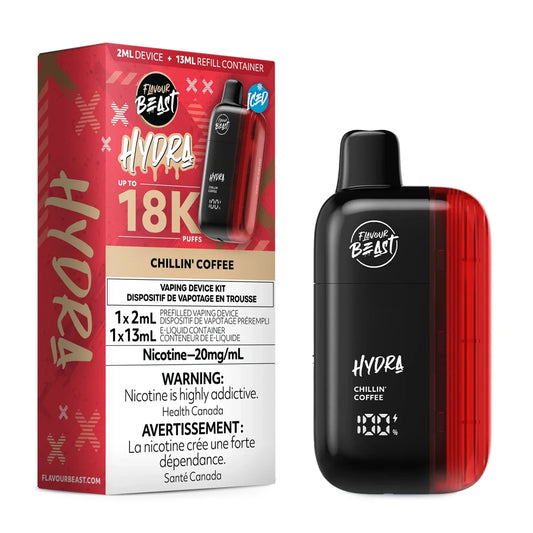 A Flavour Beast Hydra Chillin' Coffee disposable vape device stands next to its red and tan packaging, which displays the product name, an 18K puff count, and nicotine warning labels.