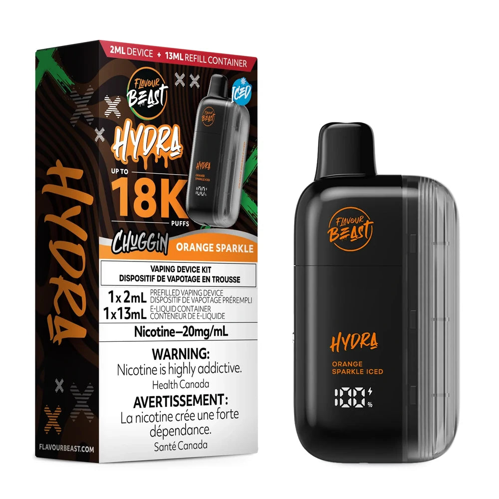 A Flavour Beast Hydra Chuggin Orange Sparkle disposable vape kit shown next to its black and orange product packaging, featuring a 2mL device, a 13mL refill container, and a digital display screen on the device body.