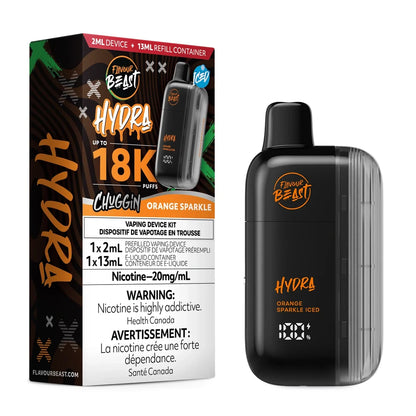 A Flavour Beast Hydra Chuggin Orange Sparkle disposable vape kit shown next to its black and orange product packaging, featuring a 2mL device, a 13mL refill container, and a digital display screen on the device body.
