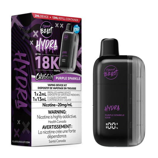 A Flavour Beast Hydra Chuggin' Purple Sparkle disposable vape kit featuring a black, rounded device with a digital battery display next to its purple and black branded packaging box, which details a 2mL device and 13mL refill container.
