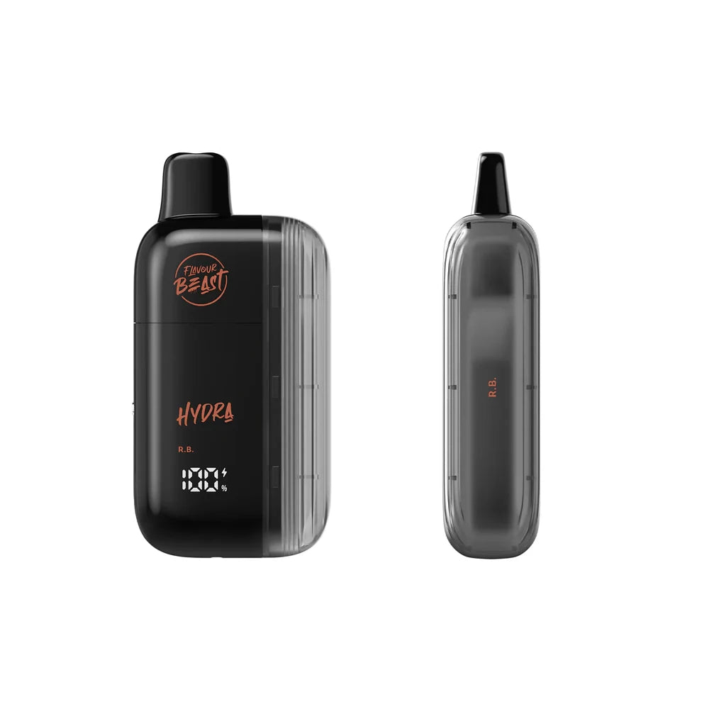 Two views of a black Flavour Beast Hydra Chuggin' R. B. disposable vape featuring a digital display screen, a translucent ribbed side panel, and a black mouthpiece against a white background.
