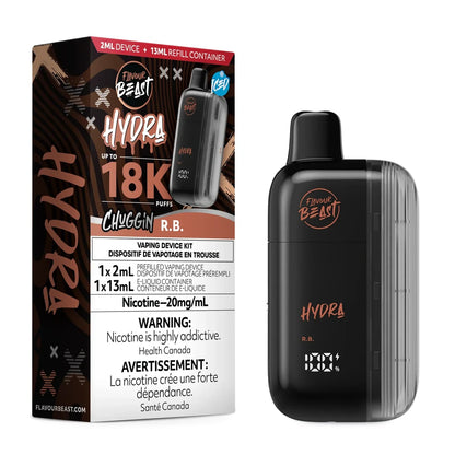 A Flavour Beast Hydra Chuggin R.B. disposable vape device stands next to its black and brown product packaging, which features the brand name, a 18K puff count, and a 20mg/mL nicotine warning label.