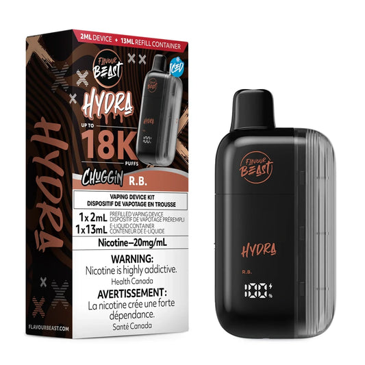 A Flavour Beast Hydra Chuggin R.B. disposable vape device stands next to its black and brown product packaging, which features the brand name, a 18K puff count, and a 20mg/mL nicotine warning label.
