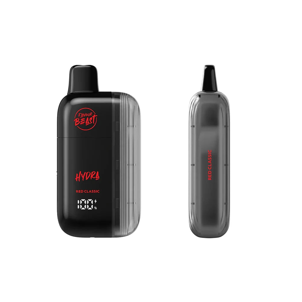 Two views of a black Flavour Beast Hydra disposable vape in Red Classic flavor, featuring a digital battery display and a translucent side panel against a white background.