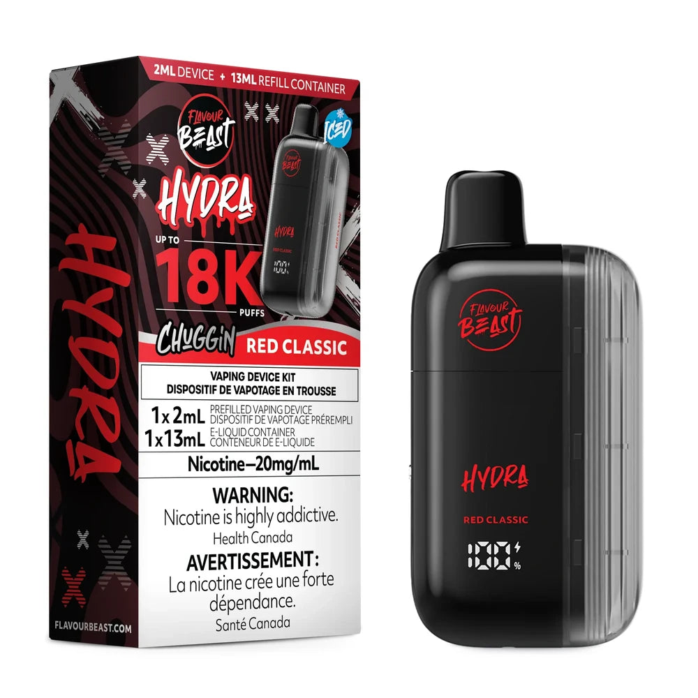 A Flavour Beast Hydra Chuggin' Red Classic disposable vape device stands next to its black and red packaging box, which displays the product name, a 18K puff count, and nicotine warning labels.