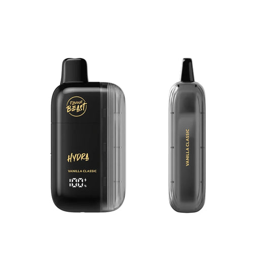 Two views of a black Flavour Beast Hydra disposable vape in Vanilla Classic flavor, featuring a digital battery and e-liquid display on the front and branding on the side against a white background.