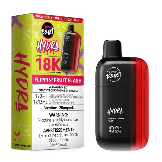 A Flavour Beast Hydra disposable vape device in black and red sits next to its yellow and red product packaging, which displays the flavor name Flippin' Fruit Flash, a 20mg/mL nicotine warning, and an 18,000 puff capacity rating.