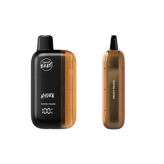 Two views of a Flavour Beast Hydra disposable vape in Frizzy Peach, featuring a black body with a translucent amber side panel, a digital display showing 00%, and the product name printed on the side.