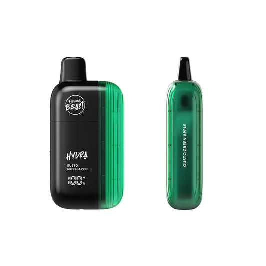 Two views of a Flavour Beast Hydra Gusto Green Apple disposable vape, featuring a black and translucent green design with a digital battery and liquid level display on the front and the flavor name printed on the side.