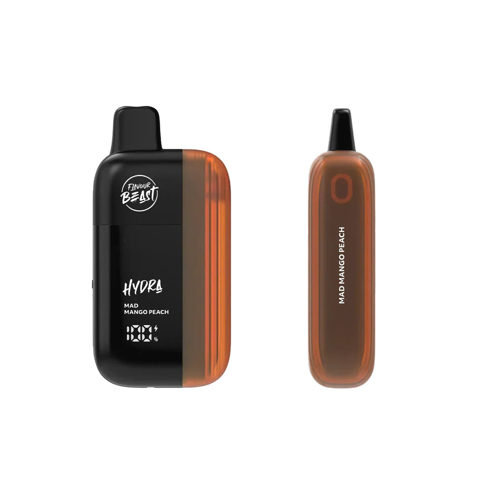 A Flavour Beast Hydra disposable vape in Mad Mango Peach flavor is shown alongside its detachable pod, featuring a black base with a digital display and a translucent orange mouthpiece and tank.