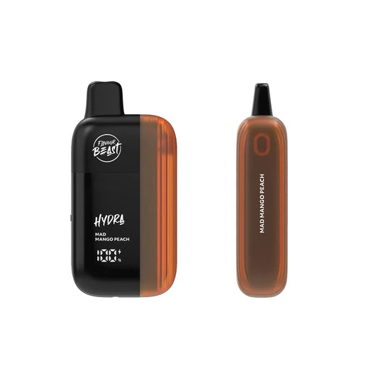 A Flavour Beast Hydra disposable vape in Mad Mango Peach flavor is shown alongside its detachable pod, featuring a black base with a digital display and a translucent orange mouthpiece and tank.
