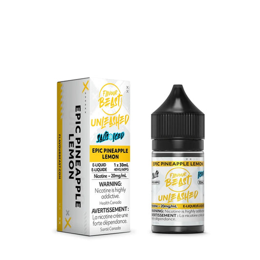 A 30mL bottle and matching box of Flavour Beast Unleashed Epic Pineapple Lemon Iced e-liquid featuring yellow and white branding with a black child-resistant cap.