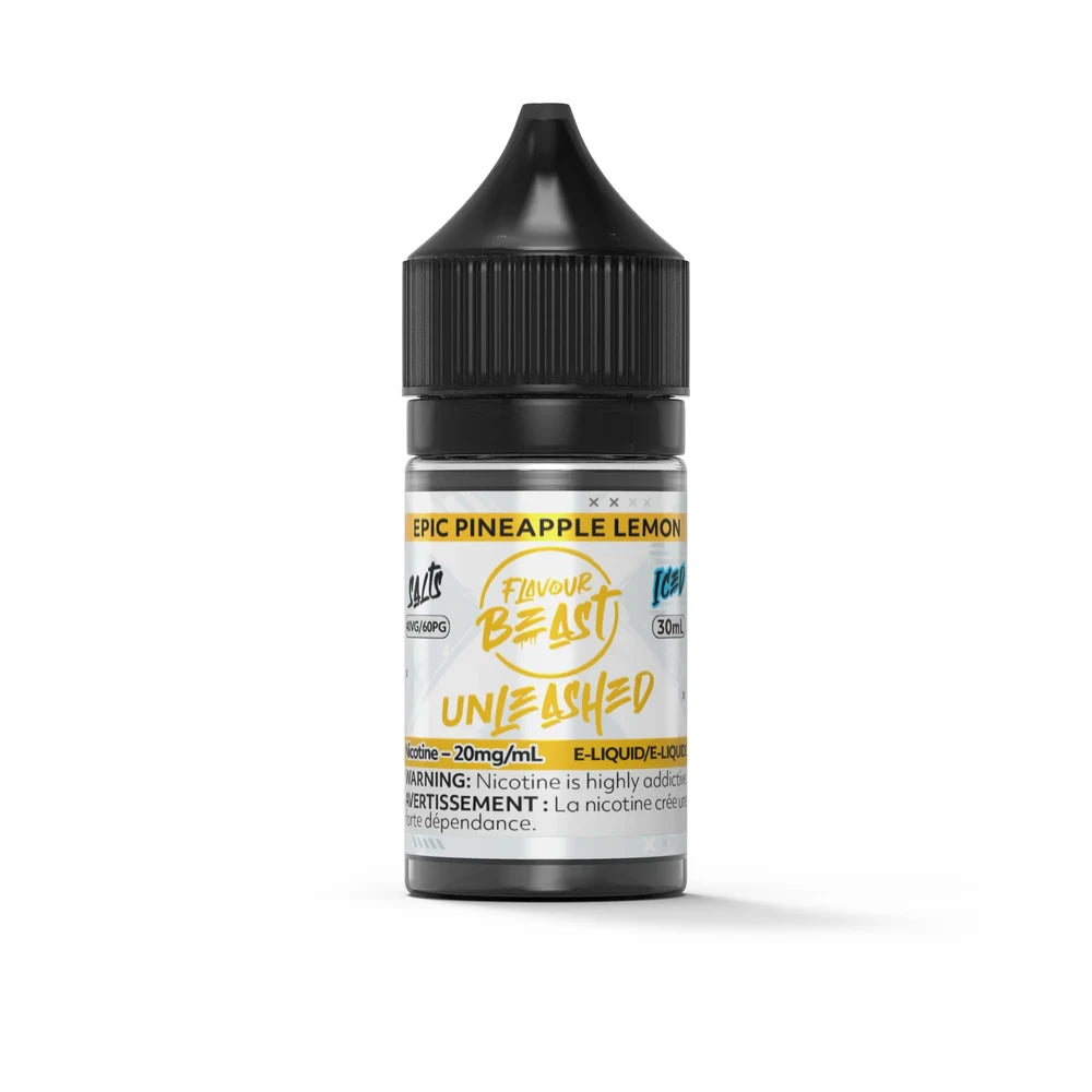 A 30mL bottle of Flavour Beast Unleashed Epic Pineapple Lemon Iced nicotine salt e-liquid featuring a black child-resistant cap and a white label with yellow and blue accents.