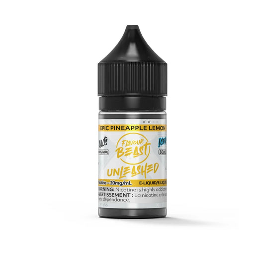 A 30mL bottle of Flavour Beast Unleashed Epic Pineapple Lemon Iced nicotine salt e-liquid featuring a black child-resistant cap and a white label with yellow and blue accents.