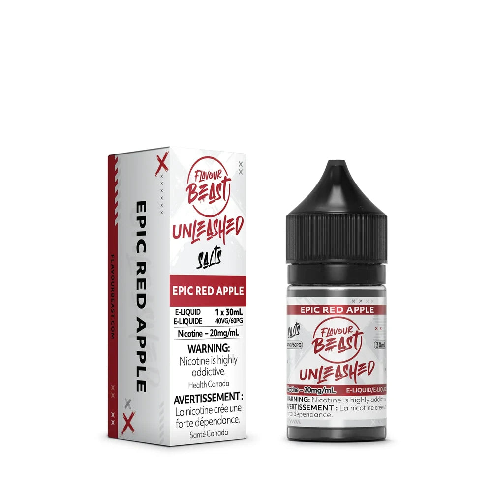 A 30mL bottle and matching box of Flavour Beast Unleashed Epic Red Apple nicotine salts e-liquid featuring white and red branding with a black child-resistant cap.