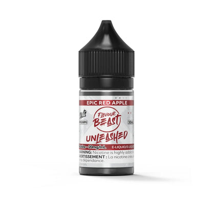 A 30mL bottle of Flavour Beast Unleashed Epic Red Apple nicotine salt e-liquid featuring a black child-resistant cap and a white label with red text and a nicotine warning.
