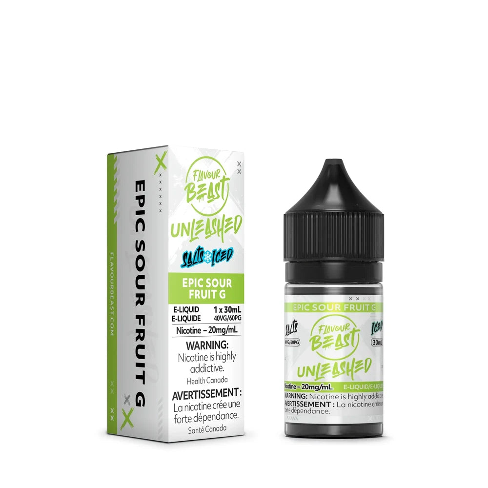 A 30mL bottle and matching box of Flavour Beast Unleashed Epic Sour Fruit G Iced nicotine salts e-liquid featuring green and white branding with a black child-resistant cap.