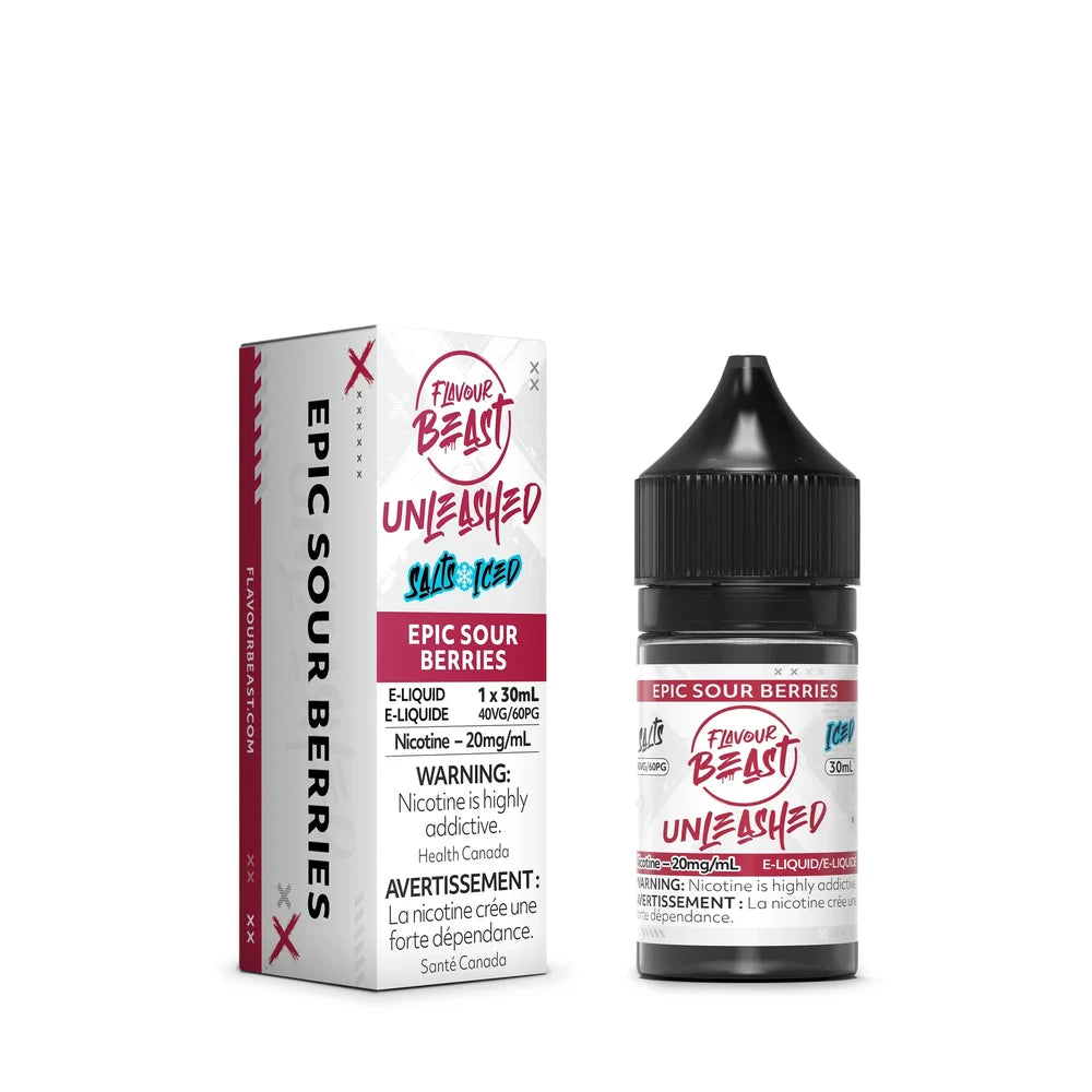 A 30mL bottle and matching box of Flavour Beast Unleashed Epic Sour Berries Iced nicotine salts e-liquid featuring white and maroon packaging with bold black text.
