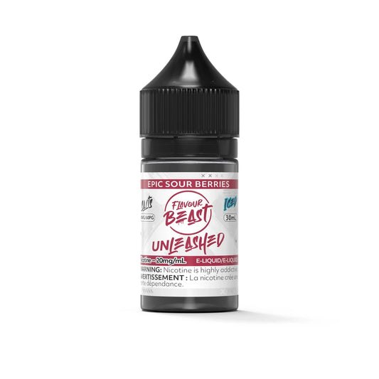 A 30mL bottle of Flavour Beast Unleashed Epic Sour Berries Iced e-liquid featuring a black child-resistant cap and a white label with maroon and blue accents.