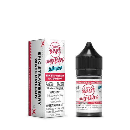 A 30mL bottle and cardboard box of Flavour Beast Unleashed Epic Strawberry Watermelon Iced nicotine salts e-liquid featuring red and black branding on a white background.