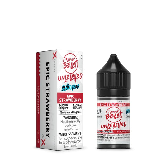 A 30mL bottle and matching box of Flavour Beast Unleashed Epic Strawberry Iced nicotine salts e-liquid featuring red and white branding with a black child-resistant cap.