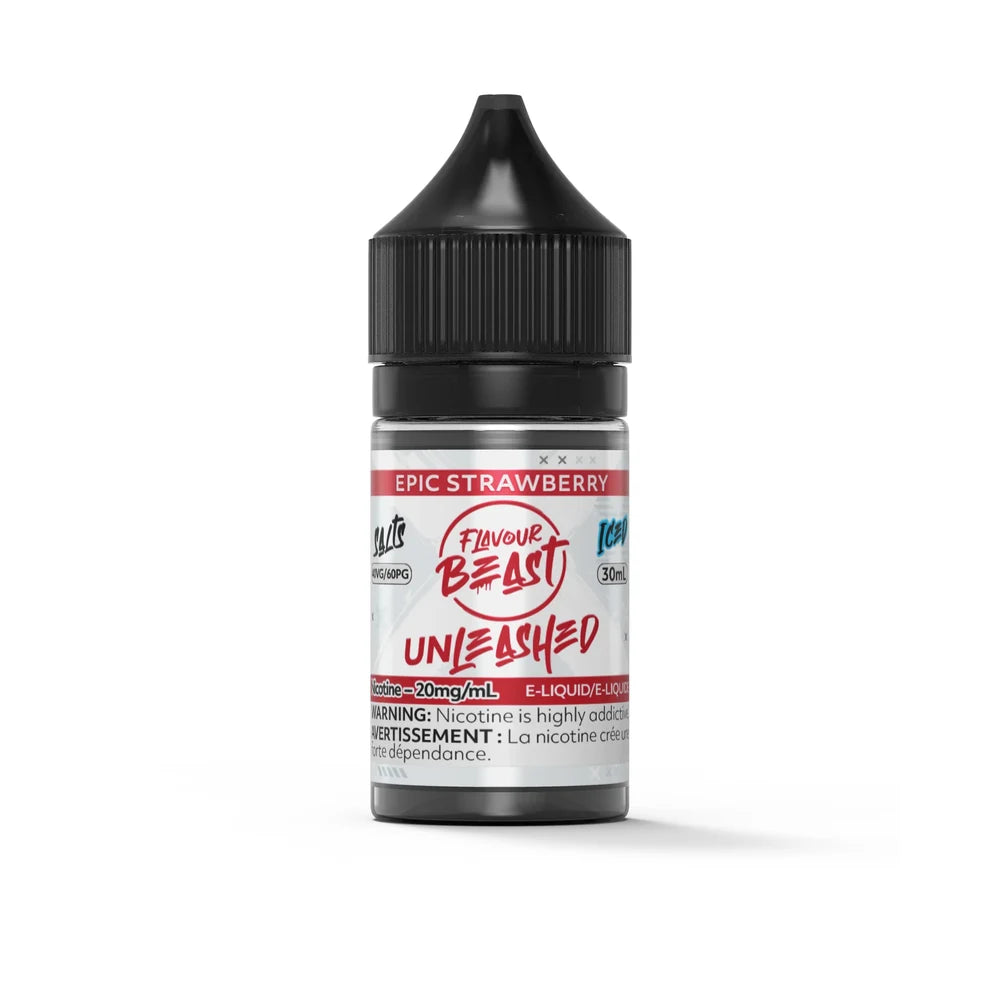 A 30mL bottle of Flavour Beast Unleashed Epic Strawberry Iced nicotine salt e-liquid featuring a black child-resistant cap and a white label with red and blue accents.