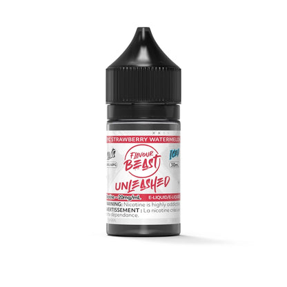 A 30mL bottle of Flavour Beast Unleashed Epic Strawberry Watermelon Iced e-liquid featuring a black child-resistant cap and a white label with red and blue accents.