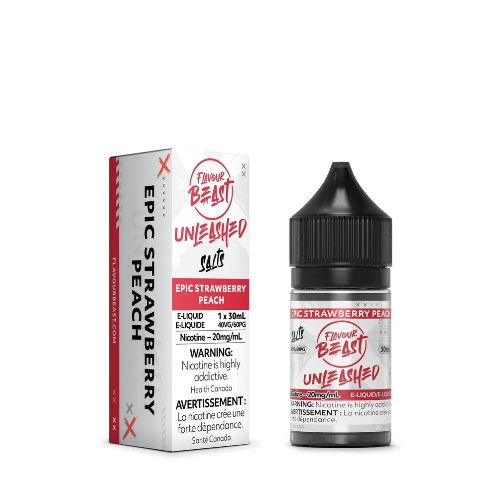 A 30mL bottle and cardboard box of Flavour Beast Unleashed Salts Epic Strawberry Peach e-liquid featuring red and white branding with nicotine warning labels.
