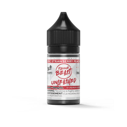 A 30mL bottle of Flavour Beast Unleashed Epic Strawberry Peach salt nicotine e-liquid featuring a black child-resistant cap and a white label with red and black text.