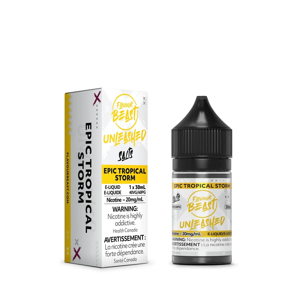 A 30mL bottle and cardboard box of Flavour Beast Unleashed Epic Tropical Storm nicotine salts e-liquid featuring yellow and white branding with a black child-resistant cap.