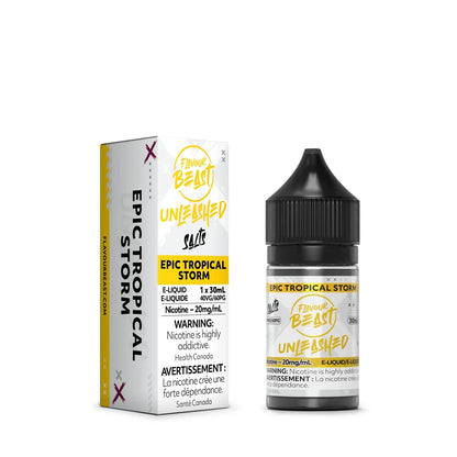A 30mL bottle and cardboard box of Flavour Beast Unleashed Epic Tropical Storm nicotine salts e-liquid featuring yellow and white branding with a black child-resistant cap.