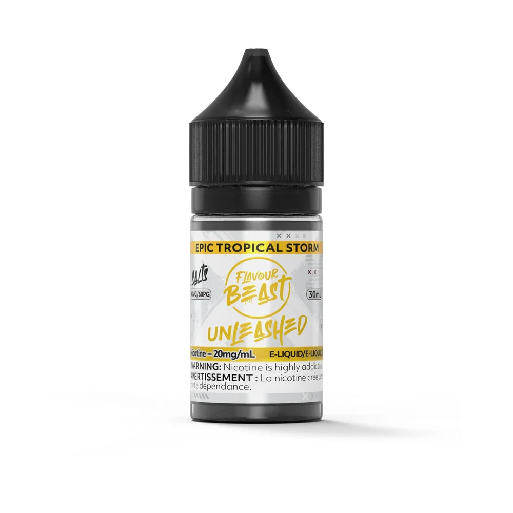 A 30mL bottle of Flavour Beast Unleashed Epic Tropical Storm nicotine salt e-liquid featuring a black child-resistant cap and a white label with yellow branding and a nicotine warning.