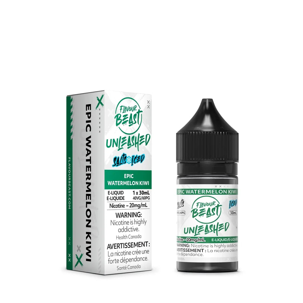 A 30mL bottle and cardboard box of Flavour Beast Unleashed Epic Watermelon Kiwi Iced nicotine salts e-liquid featuring white and green branding with a black child-resistant cap.