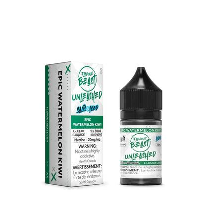 A 30mL bottle and cardboard box of Flavour Beast Unleashed Epic Watermelon Kiwi Iced nicotine salts e-liquid featuring white and green branding with a black child-resistant cap.