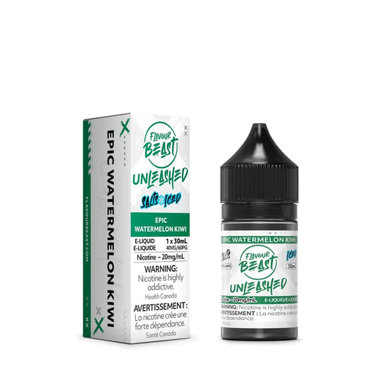 A 30mL bottle and cardboard box of Flavour Beast Unleashed Epic Watermelon Kiwi Iced nicotine salts e-liquid featuring white and green branding with a black child-resistant cap.