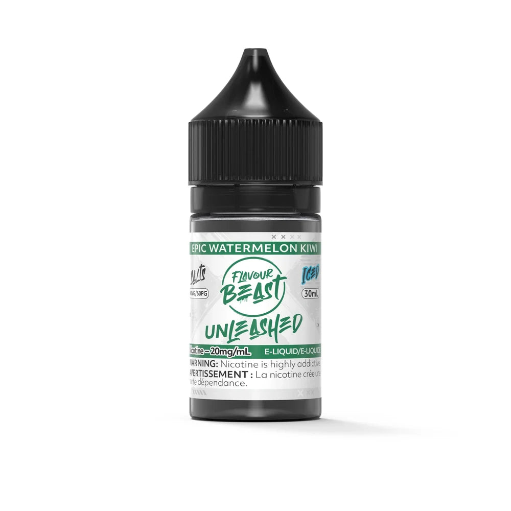 A 30mL bottle of Flavour Beast Unleashed Epic Watermelon Kiwi Iced e-liquid featuring a black child-resistant cap and a white label with green and teal accents.