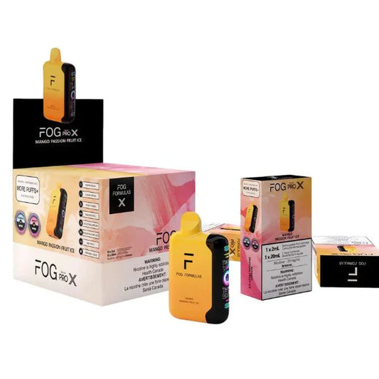 Fog Formulas Series Pro X Mango Passion Fruit Ice disposable vape devices and their yellow and pink gradient packaging displayed against a white background.