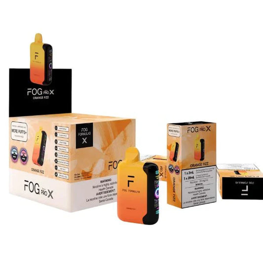 Fog Formulas Series Pro X 50K Orange Fizz disposable vape shown with its orange and black gradient device, individual retail box, and bulk display carton against a white background.