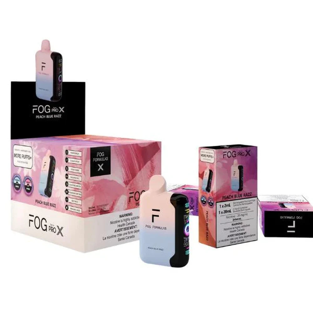 Fog Formulas Series Pro X Peach Blue Razz disposable vape device featuring a pink and blue gradient finish alongside its retail display box and individual packaging.