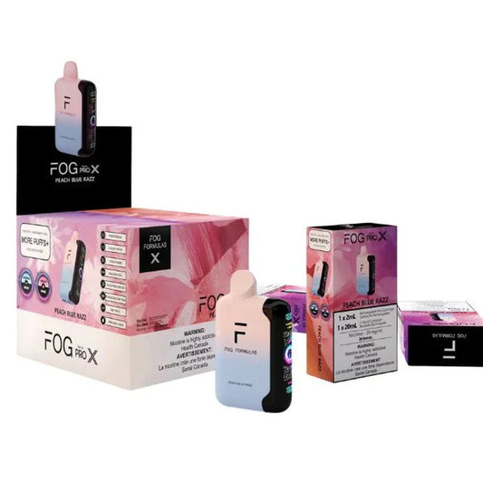 Fog Formulas Series Pro X Peach Blue Razz disposable vape device featuring a pink and blue gradient finish alongside its retail display box and individual packaging.