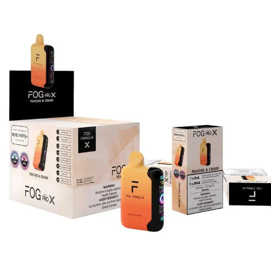 A Fog Formulas Series Pro X Peaches & Cream disposable vape device with orange-to-yellow gradient casing and black trim, displayed alongside its matching retail box and bulk display packaging.